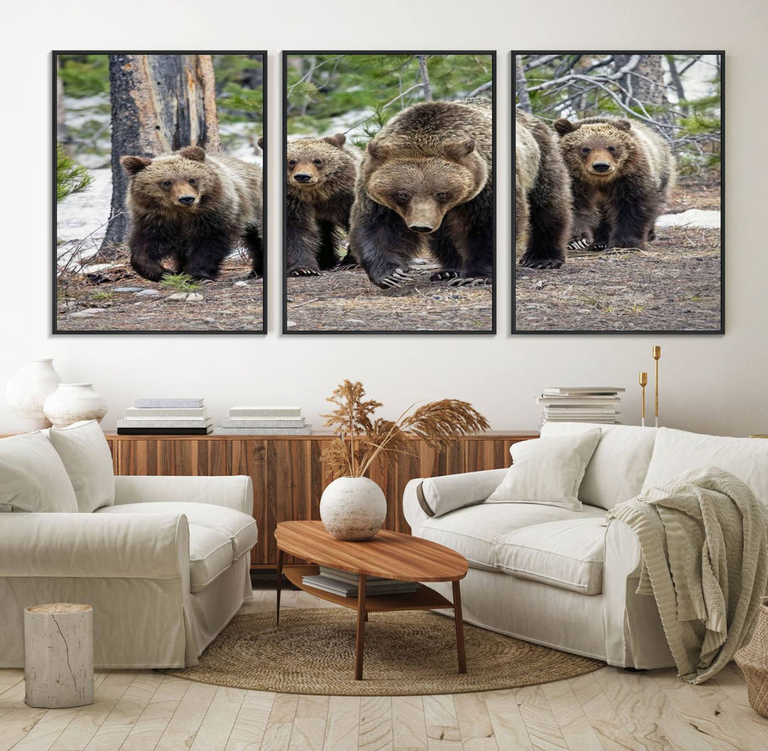 The Grizzly 399 and Cubs in Wild Flowers Wall Art Canvas Print, depicting grizzly bears amidst wildflowers, is elegantly displayed.