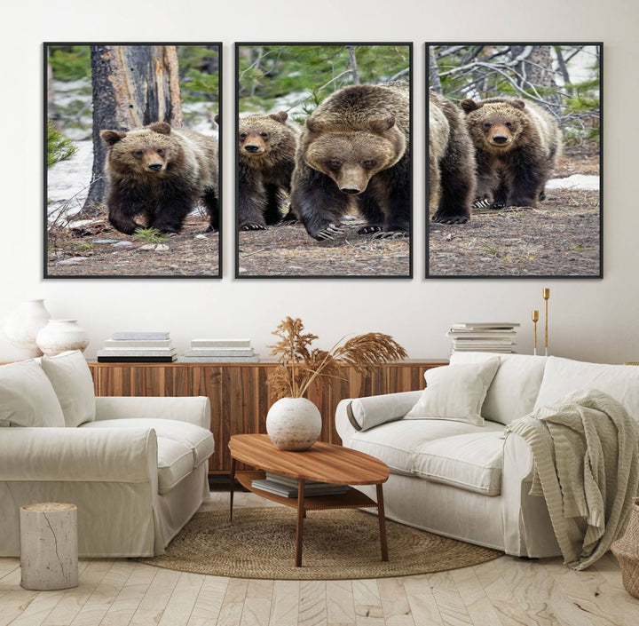 The wall art, a breathtaking canvas print titled "Queen of the Tetons," features 399 Grizzly Bear Cubs majestically captured in a forest setting. It is printed on premium canvas and handmade in the USA.