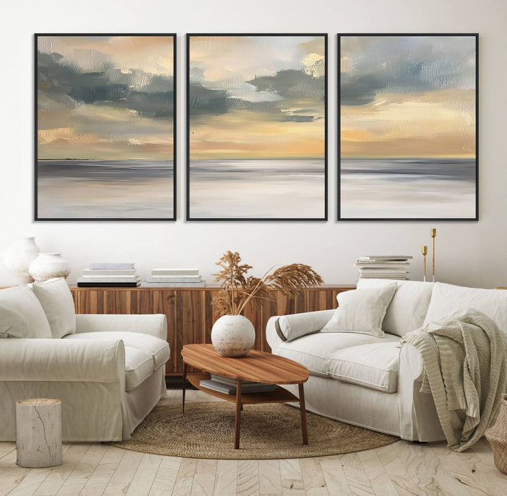 The Modern Coastal Wall Art Canvas Print features vibrant abstract ocean waves and clouds.