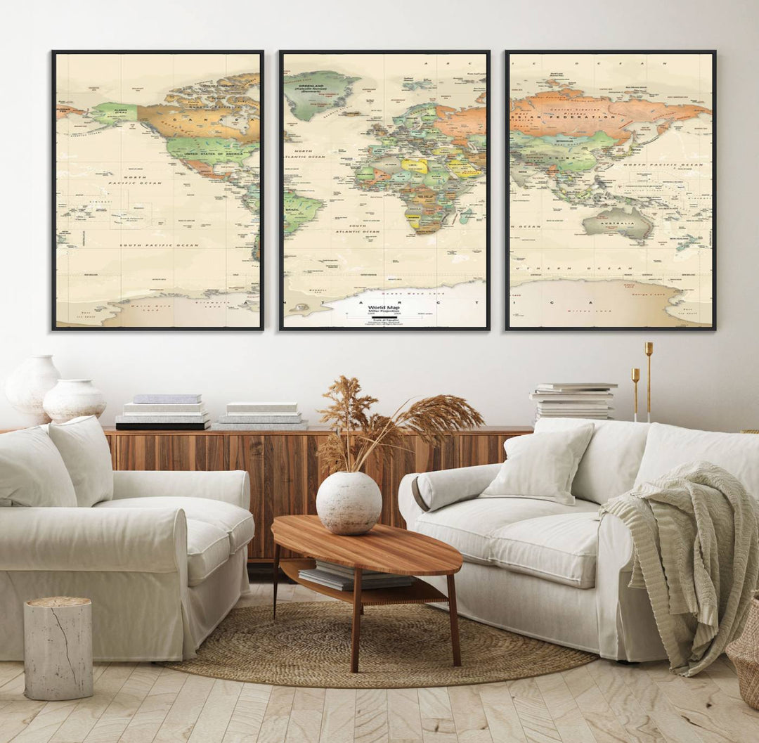 The Large Push Pin World Map Wall Art Canvas Print, with a gallery-quality finish, is carefully crafted on premium canvas and handmade in the USA. This piece adds a touch of elegance to any space.