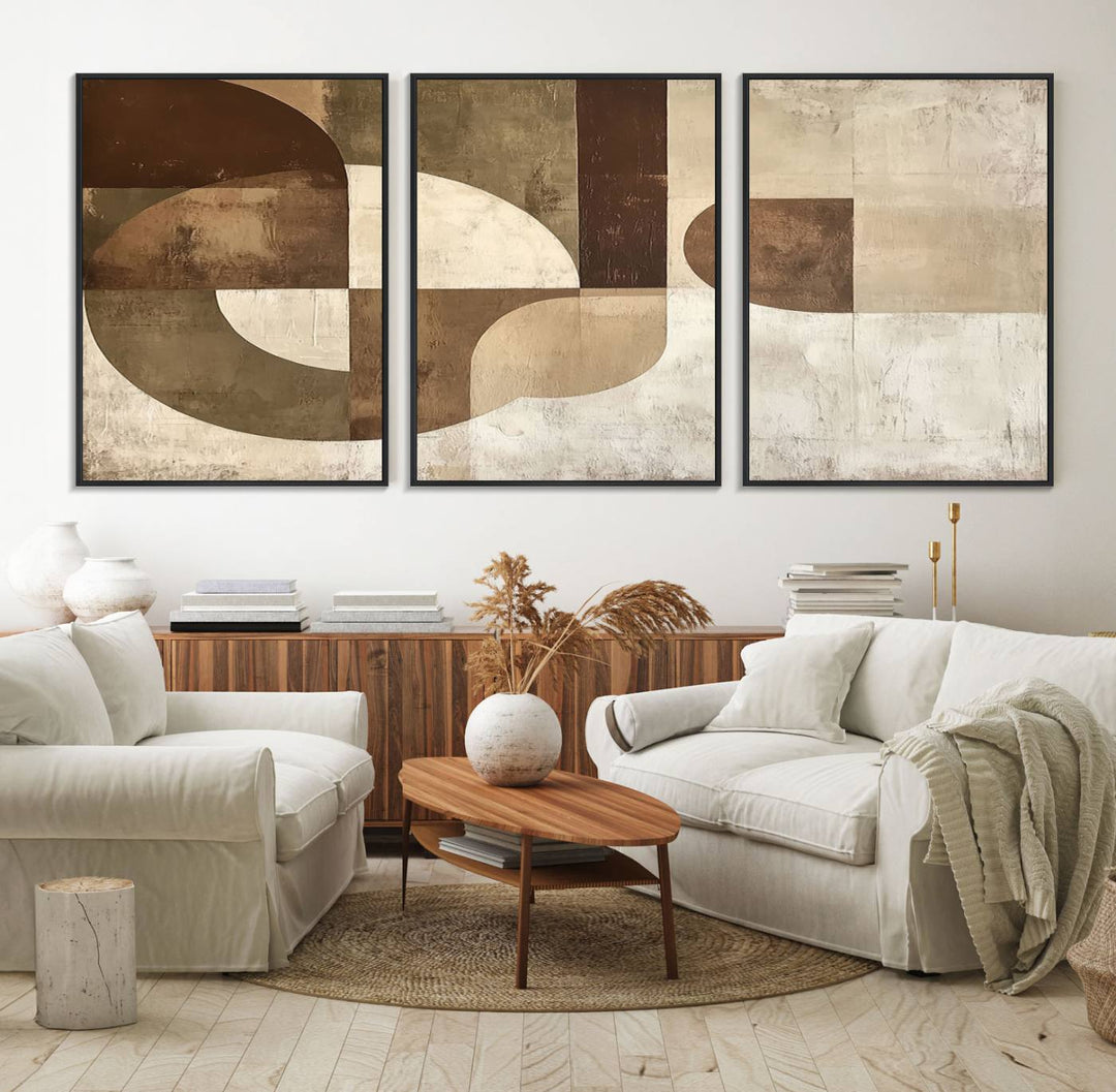 A Wabi Sabi Geometric Minimalist Wall Art Canvas Print—with a modern abstract geometric design in brown and beige tones—stands proudly in front of a house.