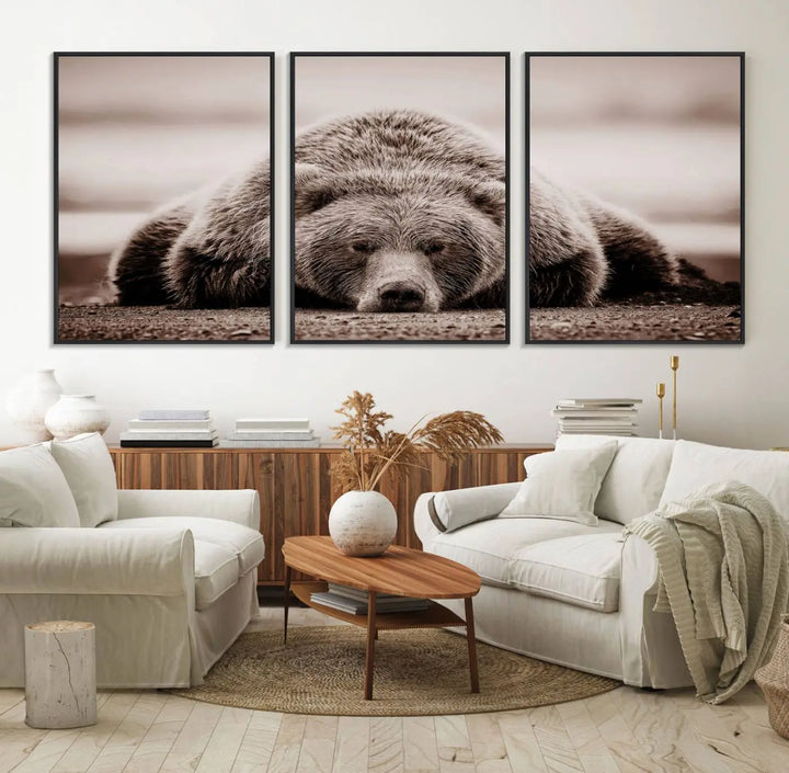 The Grizzly Bear Wall Art Print - a Rustic Bear Portrait Canvas - serves as the centerpiece on the wall, creating an elegant, nature-inspired decor.