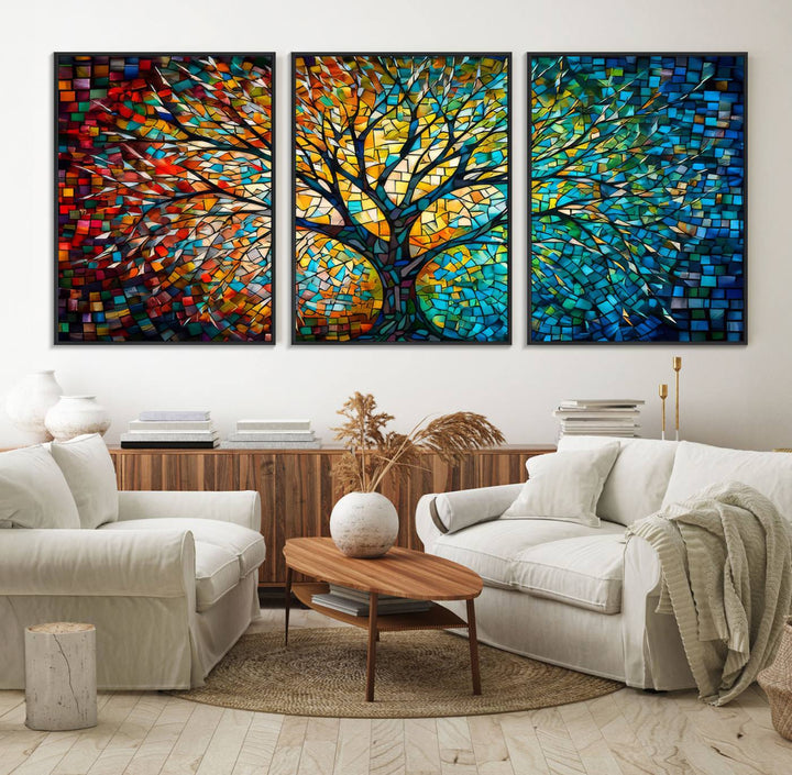 Explore the Yggdrasil Tree of Life Wall Art Print, a 3-panel canvas print made in the USA, featuring a vibrant multicolor mosaic design.