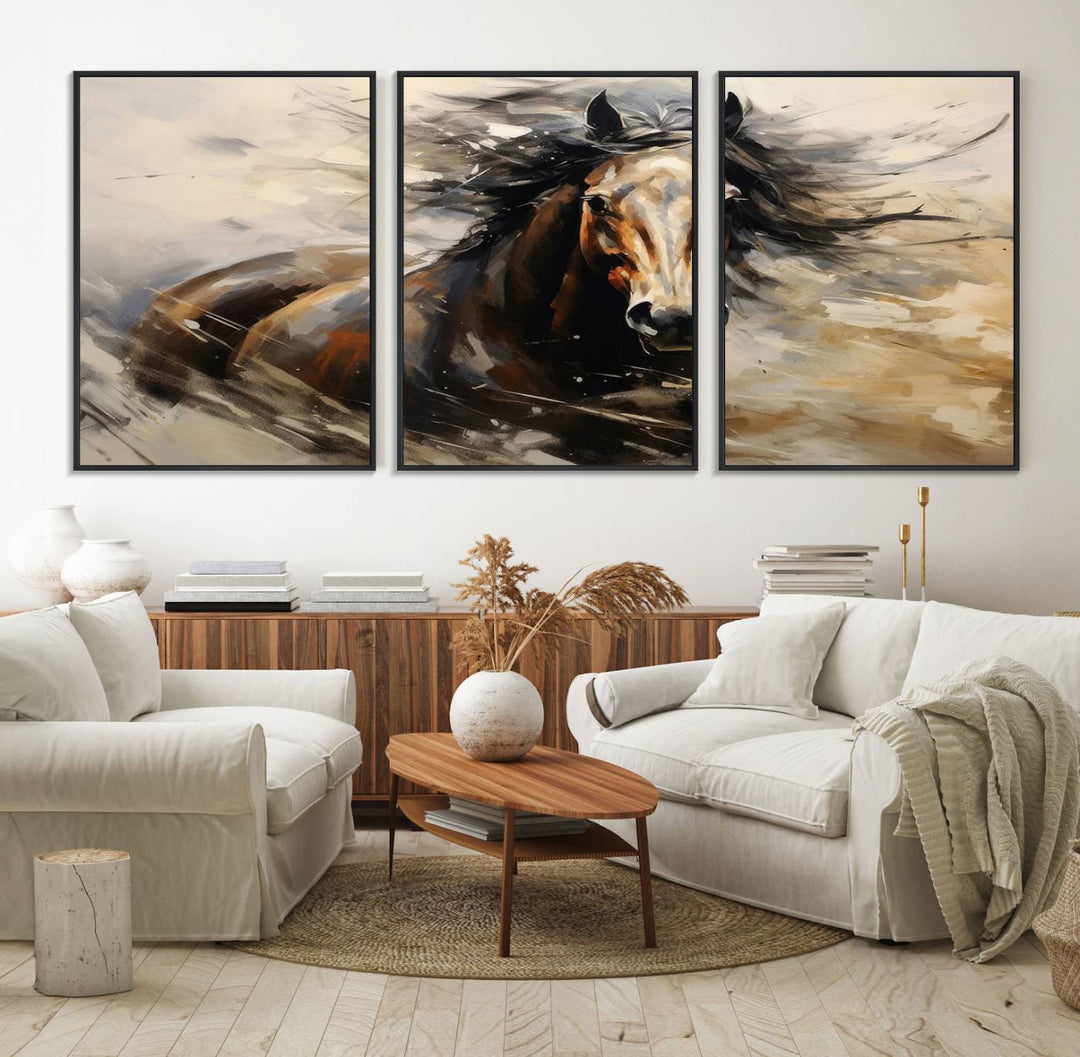 The Abstract Wall Art Horse Print adds rustic charm.