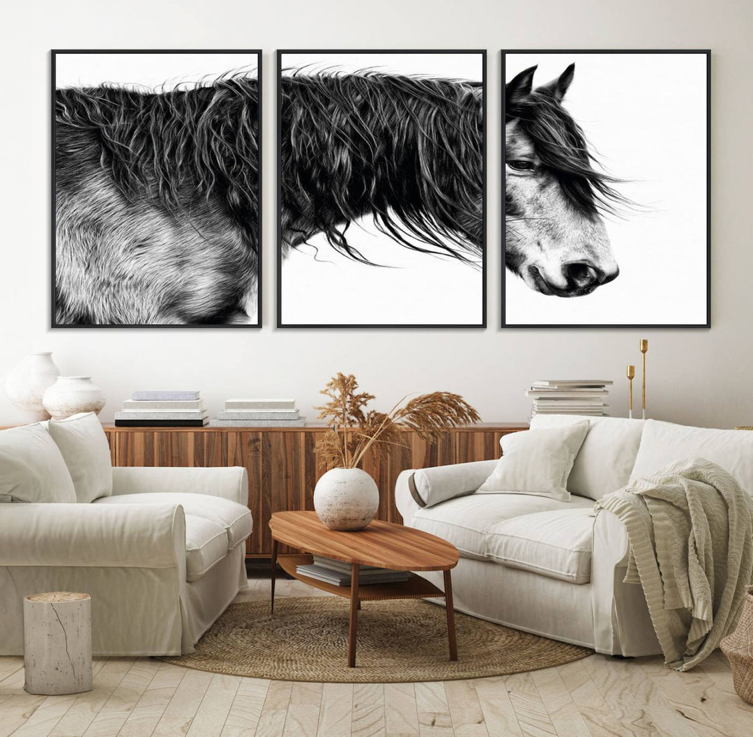 Black Horse Wall Art Canvas Print for farmhouse decor on the kitchen wall.