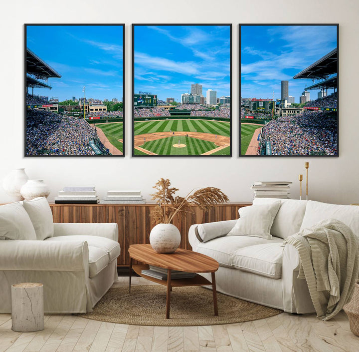 The Wrigley Field Chicago Cubs canvas art, depicting the iconic stadium, is perfect for sports lovers.