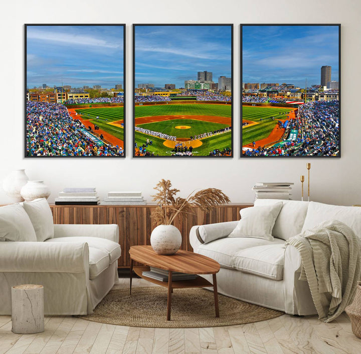 The Wrigley Field Cubs Panoramic Canvas Art hangs prominently in the modern living room.