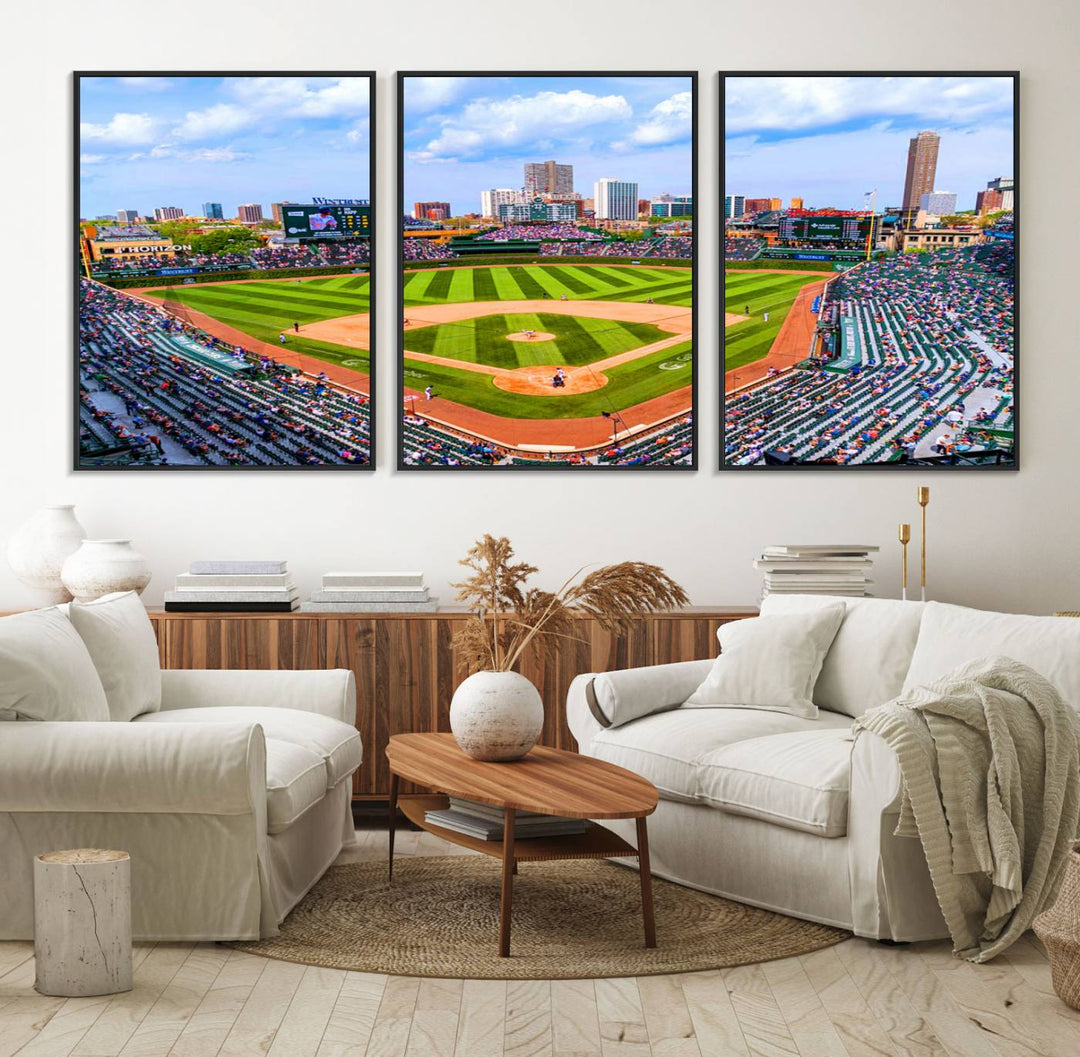 A 3-piece panoramic canvas wall art showcases an aerial view of a packed Chicago Cubs game at Wrigley Field, perfect for sports lovers.