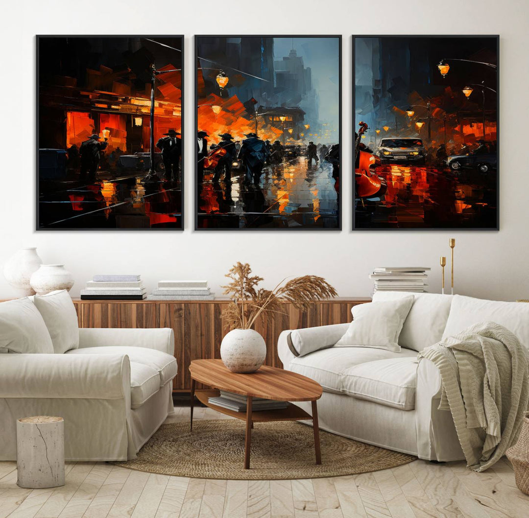 Framed Abstract Music Canvas: Jazz musicians on a rainy city street at night, with warm lights reflecting on wet pavement.