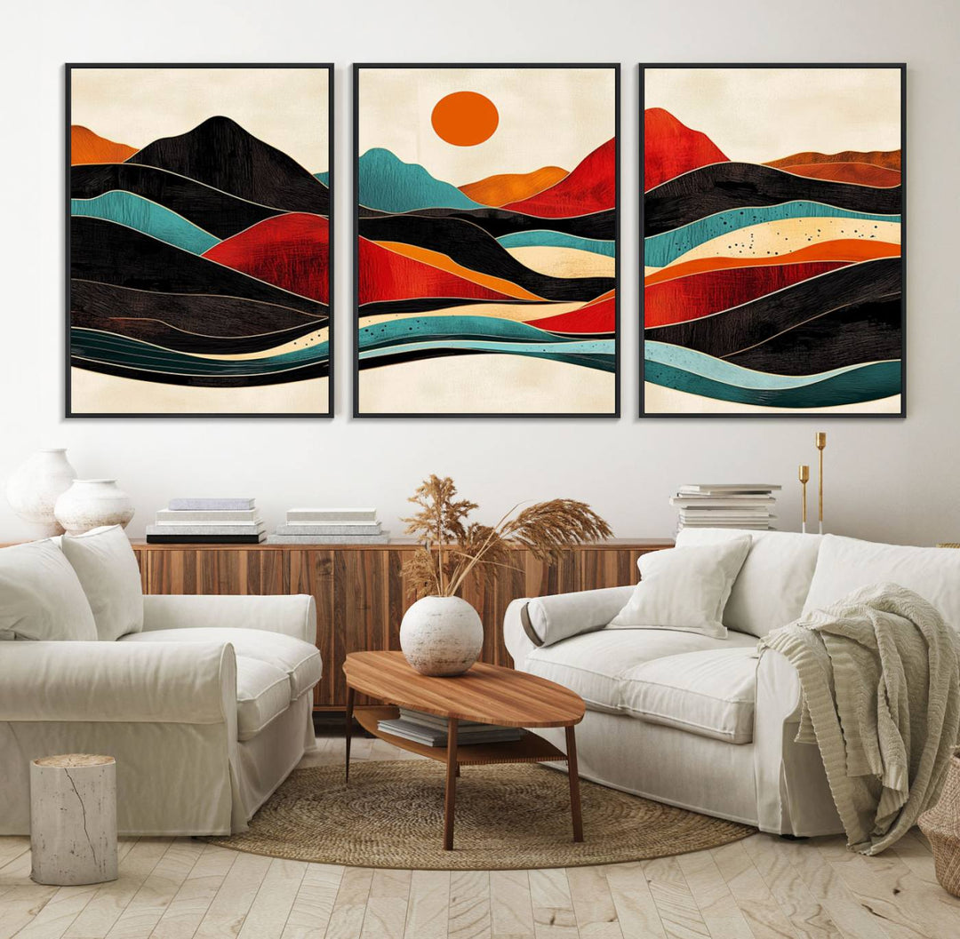 The Colorful Western Triptych Canvas features a vibrant mountain and sun design, making it perfect for modern kitchens or log cabin walls.