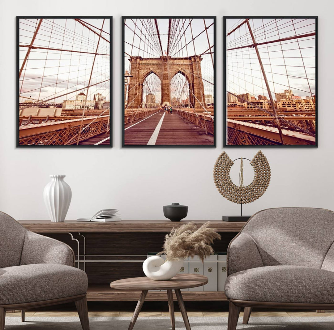 The three-panel "Wall Art New York Manhattan Cityscape Canvas Print" of the Brooklyn Bridge makes an ideal addition to minimalist interiors, capturing the essence of abstract expressionism.