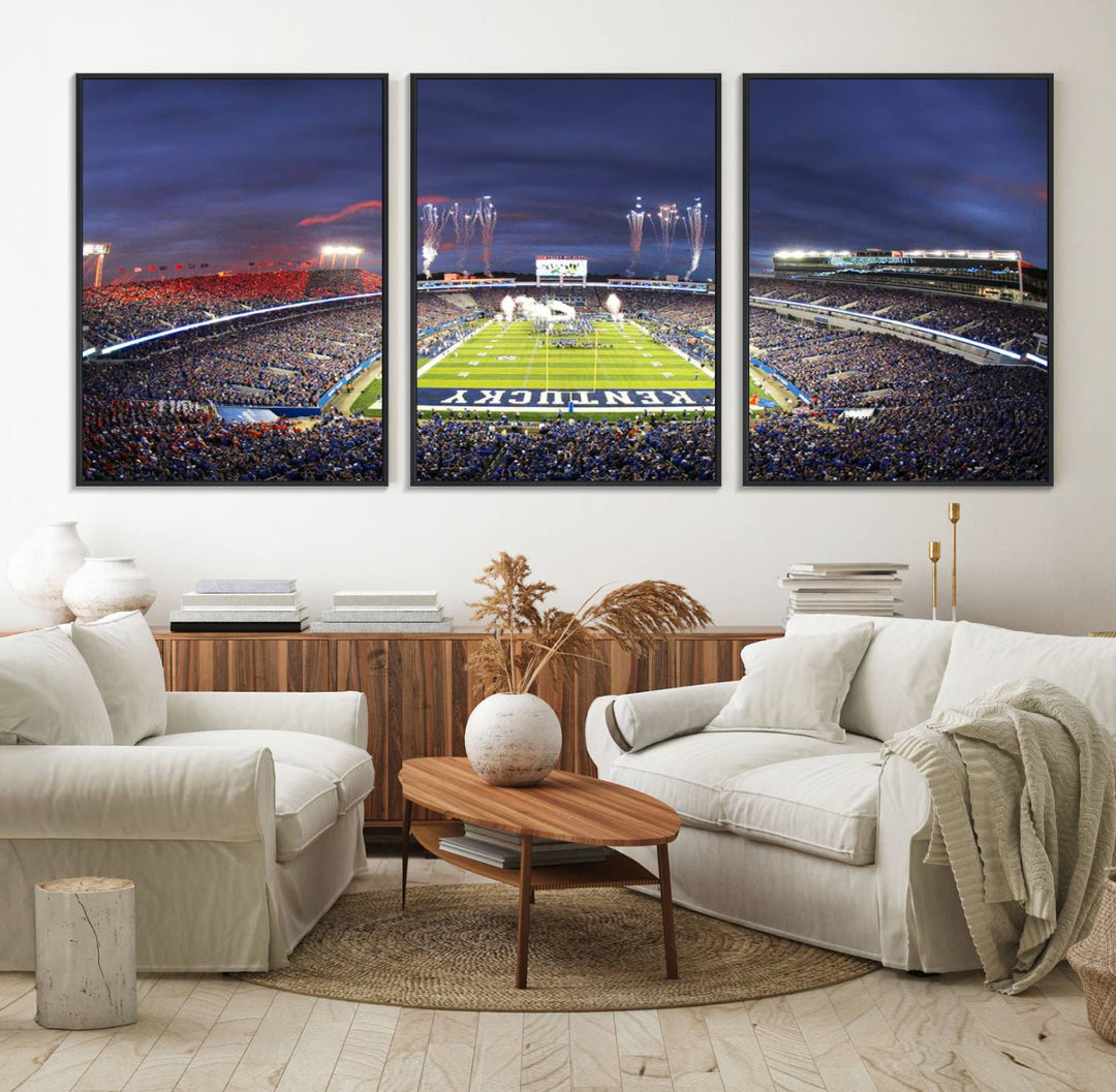 A filled stadium at dusk and fireworks overhead are beautifully captured in the Kroger Field Canvas Wall Art - Sunset Football Stadium Decor.