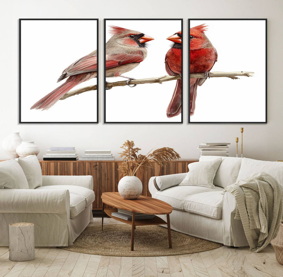 The Cardinal Bird Canvas Wall Art showcases two cardinals on a branch.