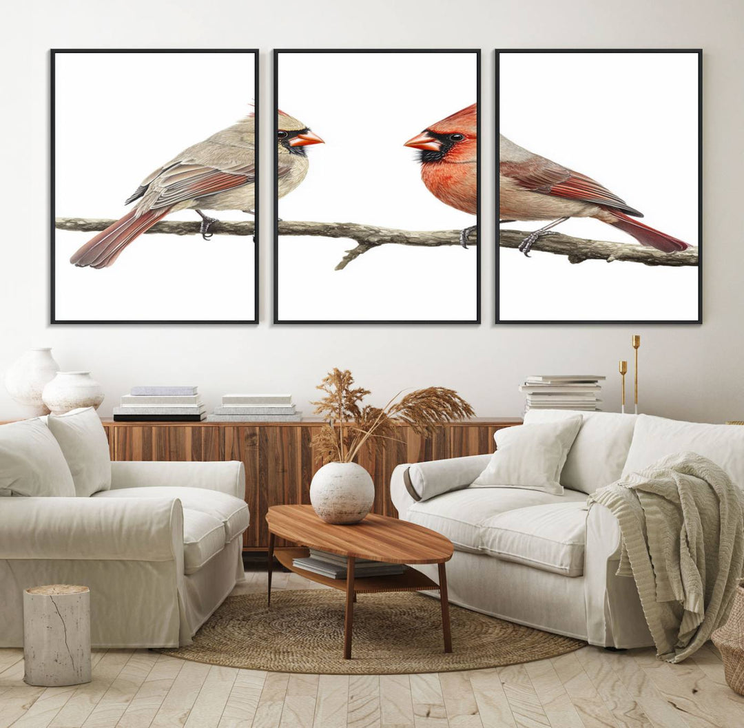 A Cardinal Canvas Wall Art print of cardinals on a branch hangs prominently.