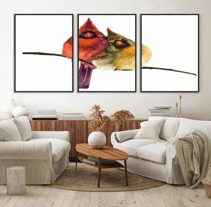 The Cardinal Bird Canvas Wall Art showcases vibrant male and female cardinals, capturing the beauty of nature in vivid detail.