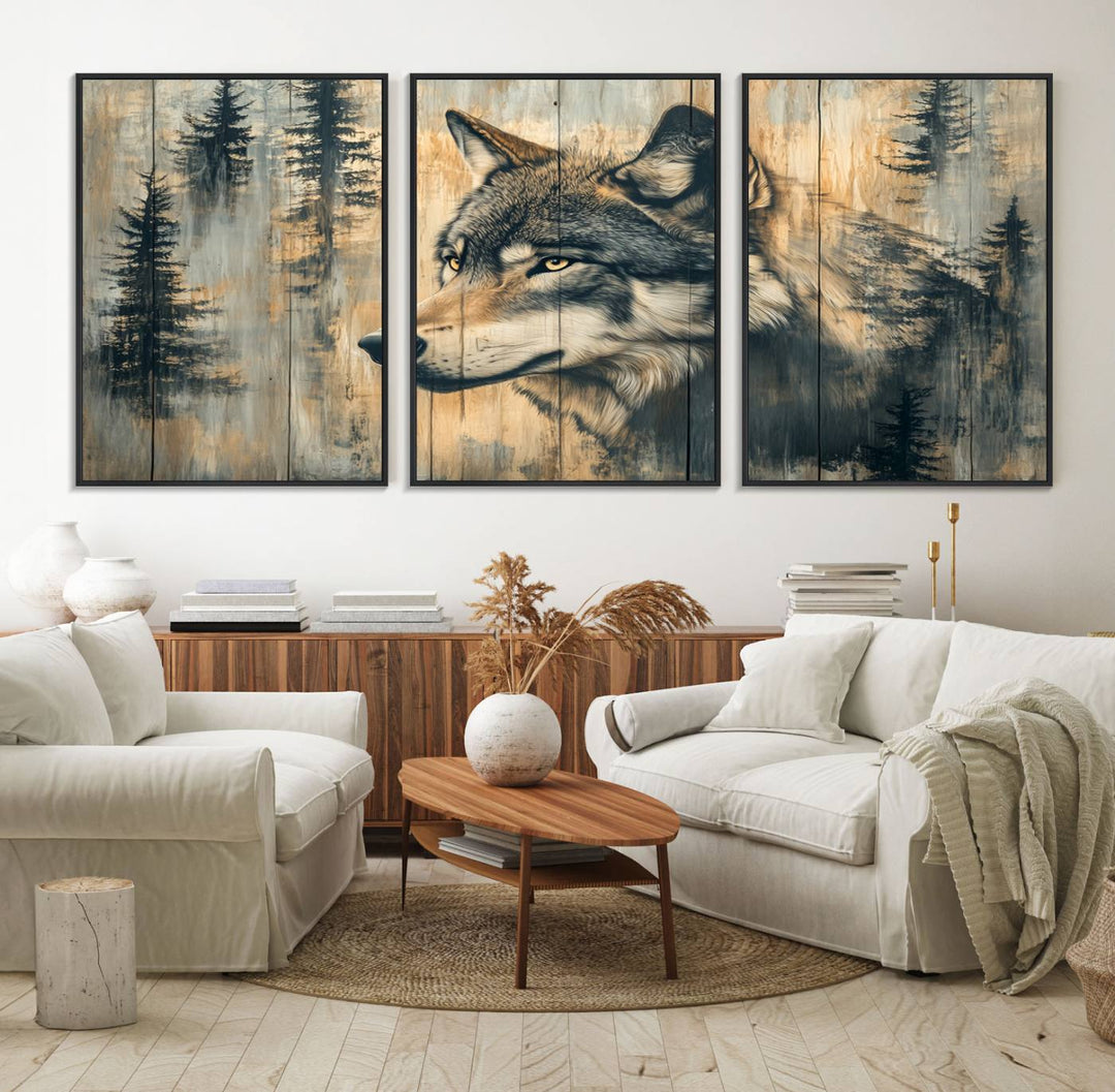 A Wood Style Rustic Wolf Wall Art Canvas Print adorns the kitchen.