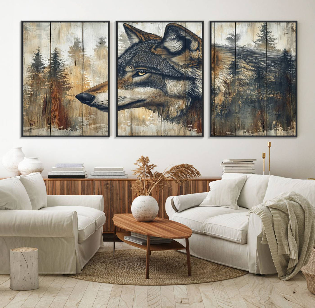 A kitchen dining area features Rustic Wolf Wall Art.