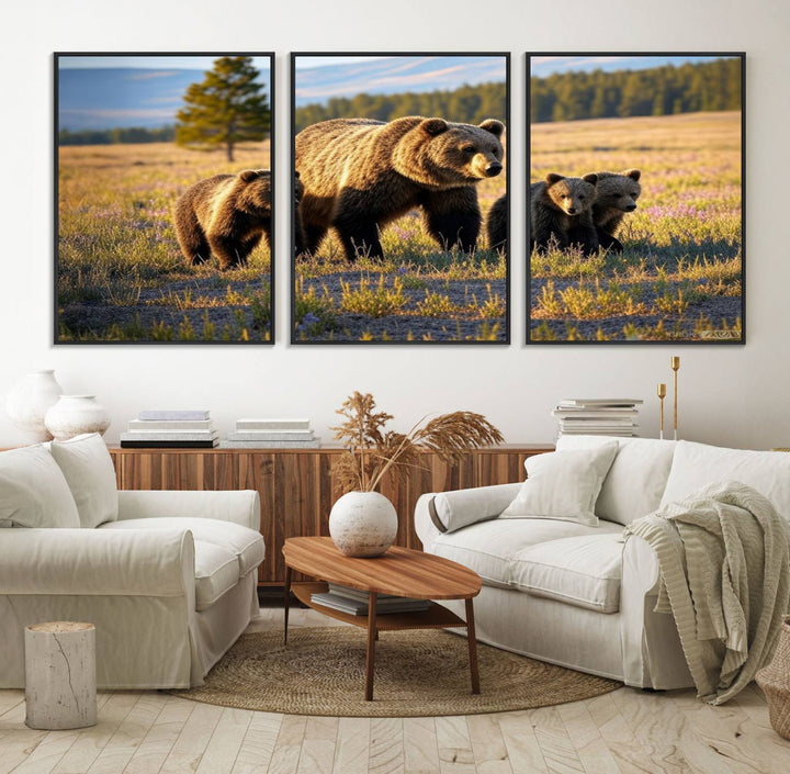 The Grizzly 399 in Wild Flowers wall art canvas print.