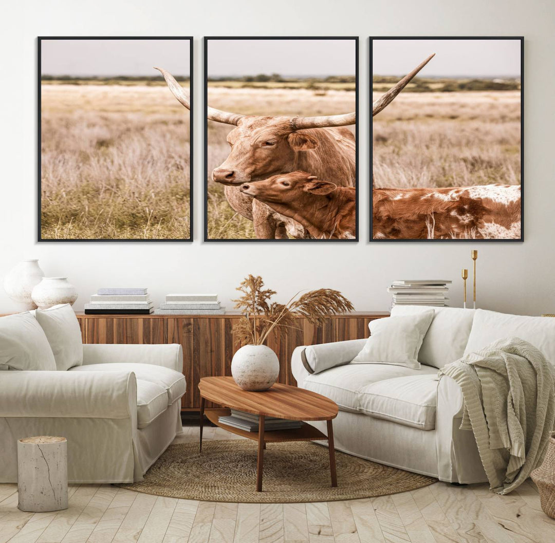 Dining area featuring a Texas Longhorn Cow Wall Art Canvas Print.