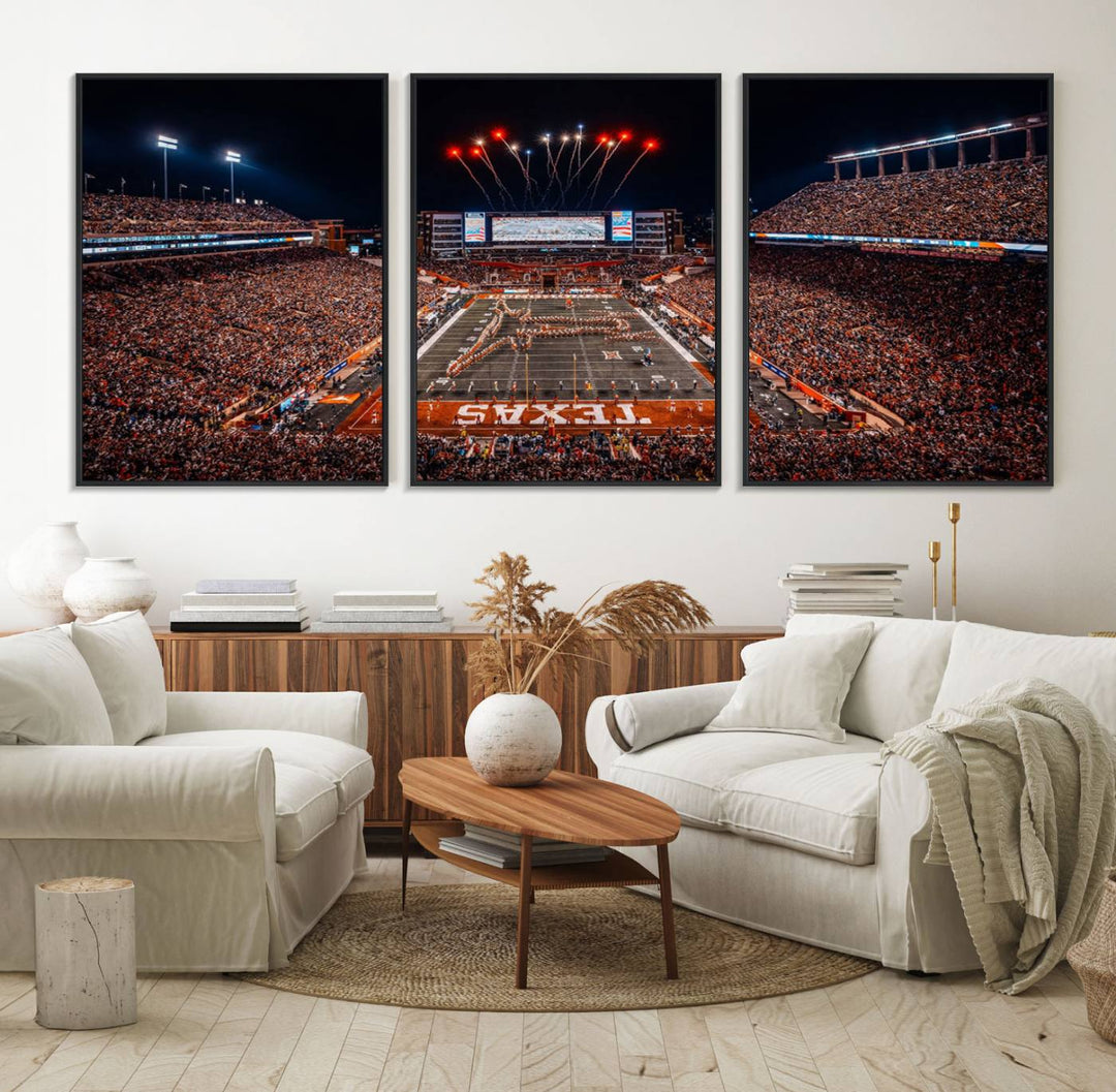 A Texas Memorial Stadium canvas print with fireworks embellishes the modern living room.