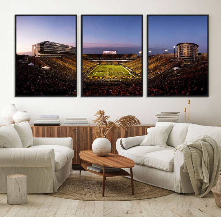 The Iowa Hawkeyes Kinnick Stadium Wall Art Canvas Print captures a sunset scene, making it perfect for display on a wall.