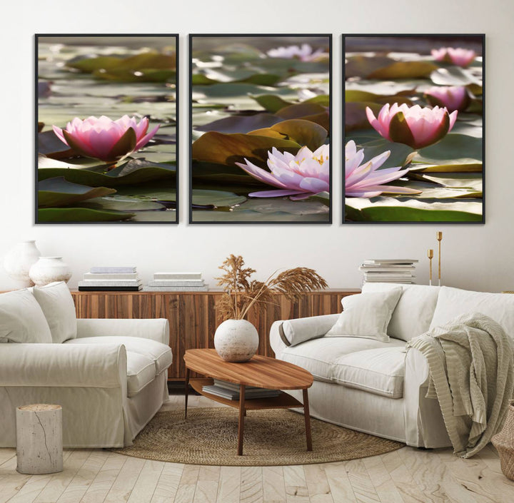 The dining room features the Water Lily Large Canvas Print.