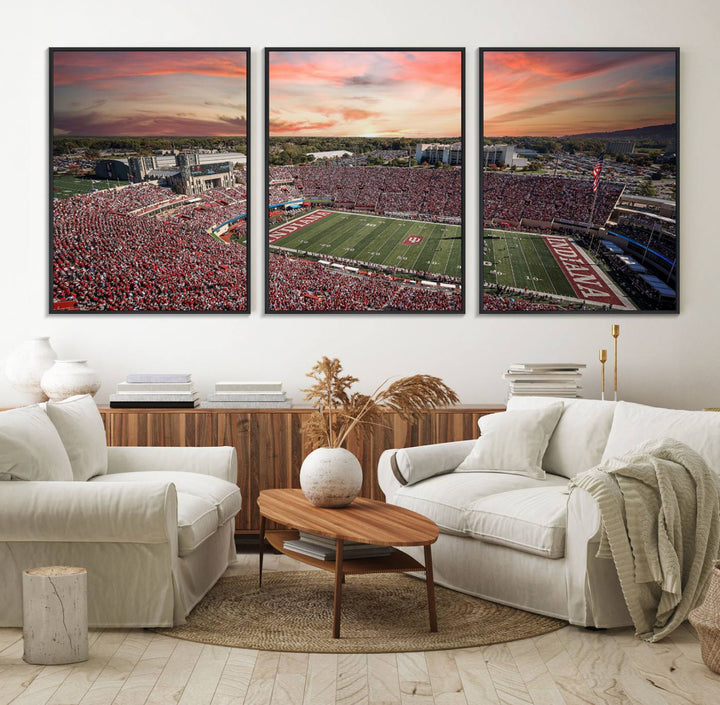 Gallery-quality Indiana Memorial Stadium Wall Art Canvas: A stunning view of the stadium at sunset.