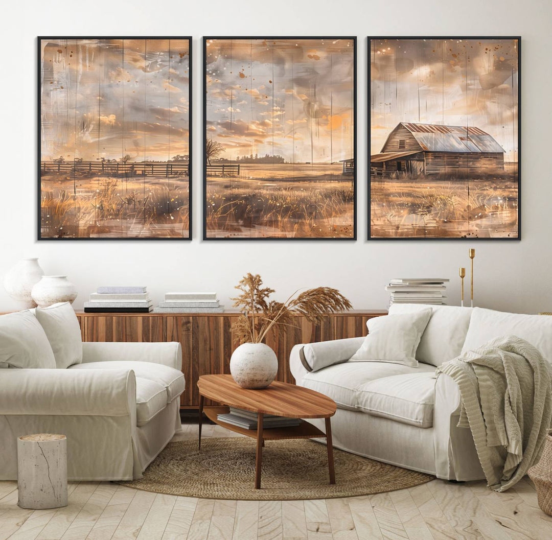 Rustic Farmhouse Wall Art Canvas depicting a barn under a cloudy sky.