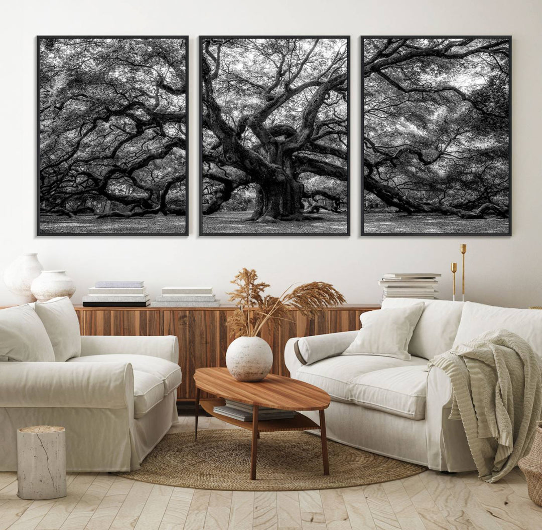 The Black and White Old Angel Oak Tree Canvas Print enhances the modern dining room.