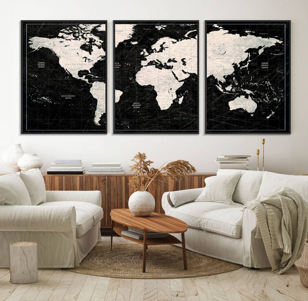 The Black & White World Map Canvas Wall Art, a giclee print, elegantly decorates the wall.