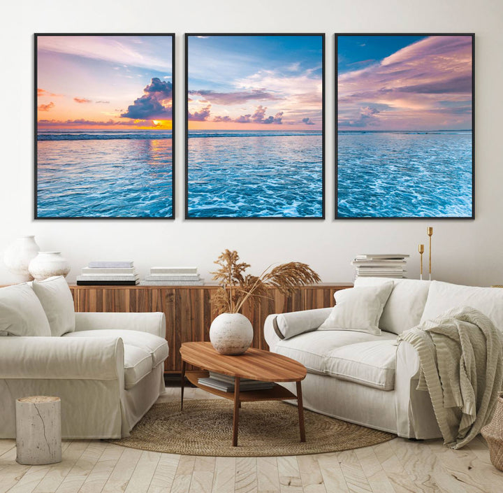 An Ocean Sunset Canvas Wall Art depicting a vibrant sky and rolling waves.