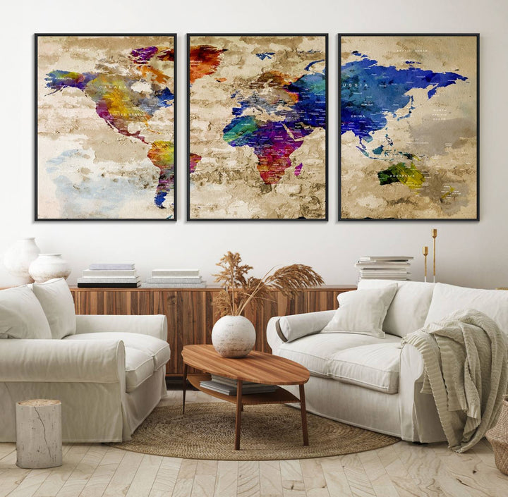 Watercolor World Map Canvas Print with gallery-wrapped edges.