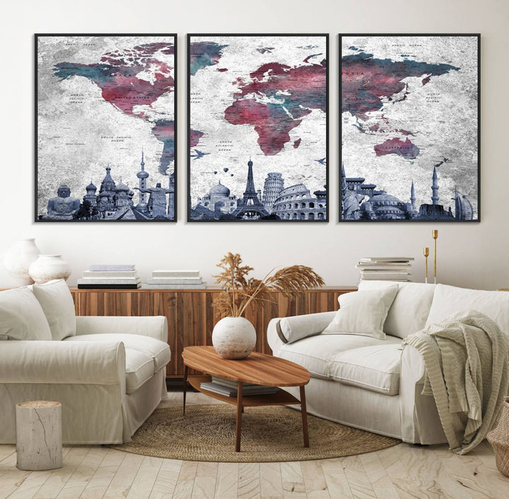 The dining room features a Blue Multipanel World Map Wall Art Canvas Print that adorns the wall, highlighting its neutral decor.