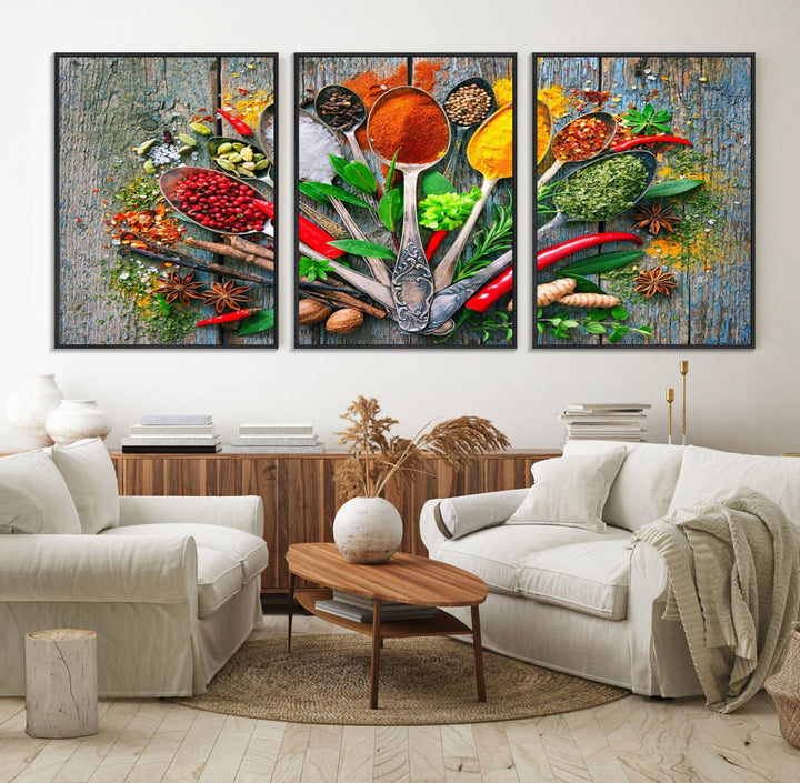 Vibrant Spoonful of Spices kitchen wall art canvas, a culinary triptych ideal for any dining room decor.