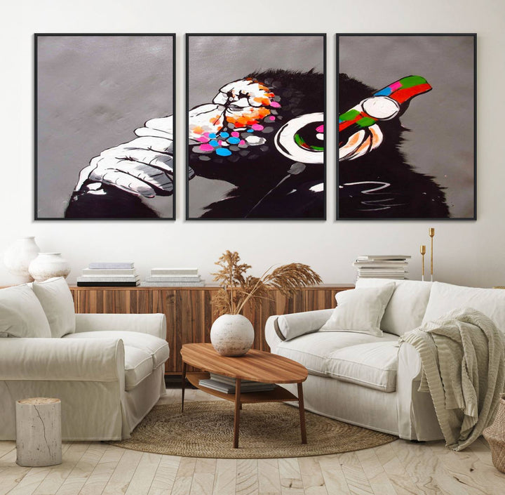 Living room showcasing DJ Monkey wall art.