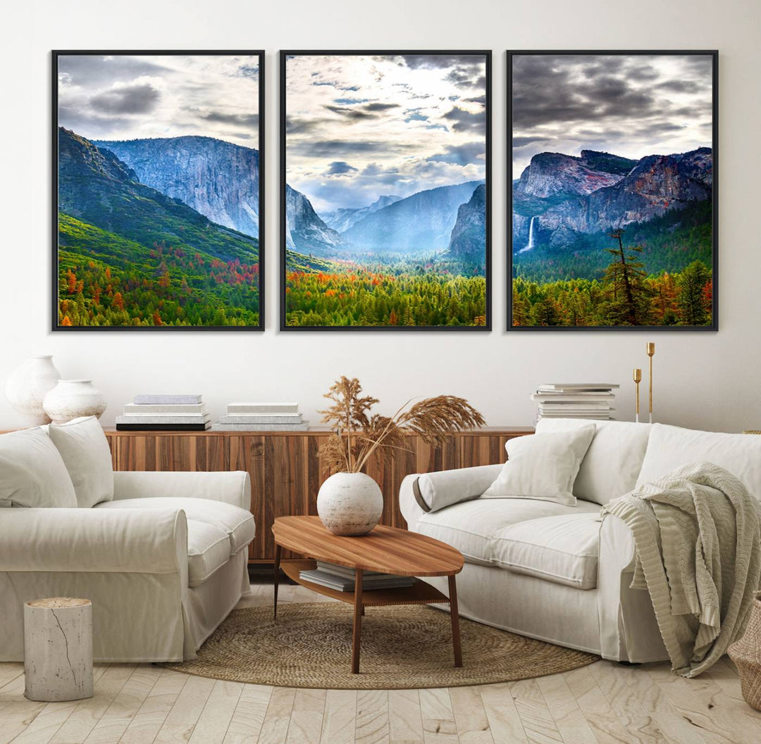 The Yosemite Park Half Dome 3 Panel Canvas Print beautifully captures the enchanting beauty of national parks with its vibrant mountain and forest scene. This large giclée landscape wall art is perfect for living rooms, offices, or bedrooms and comes ready to hang.