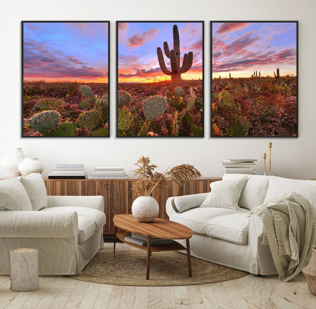 The Arizona Desert Sunset Wall Art Canvas Print featuring cacti is displayed.