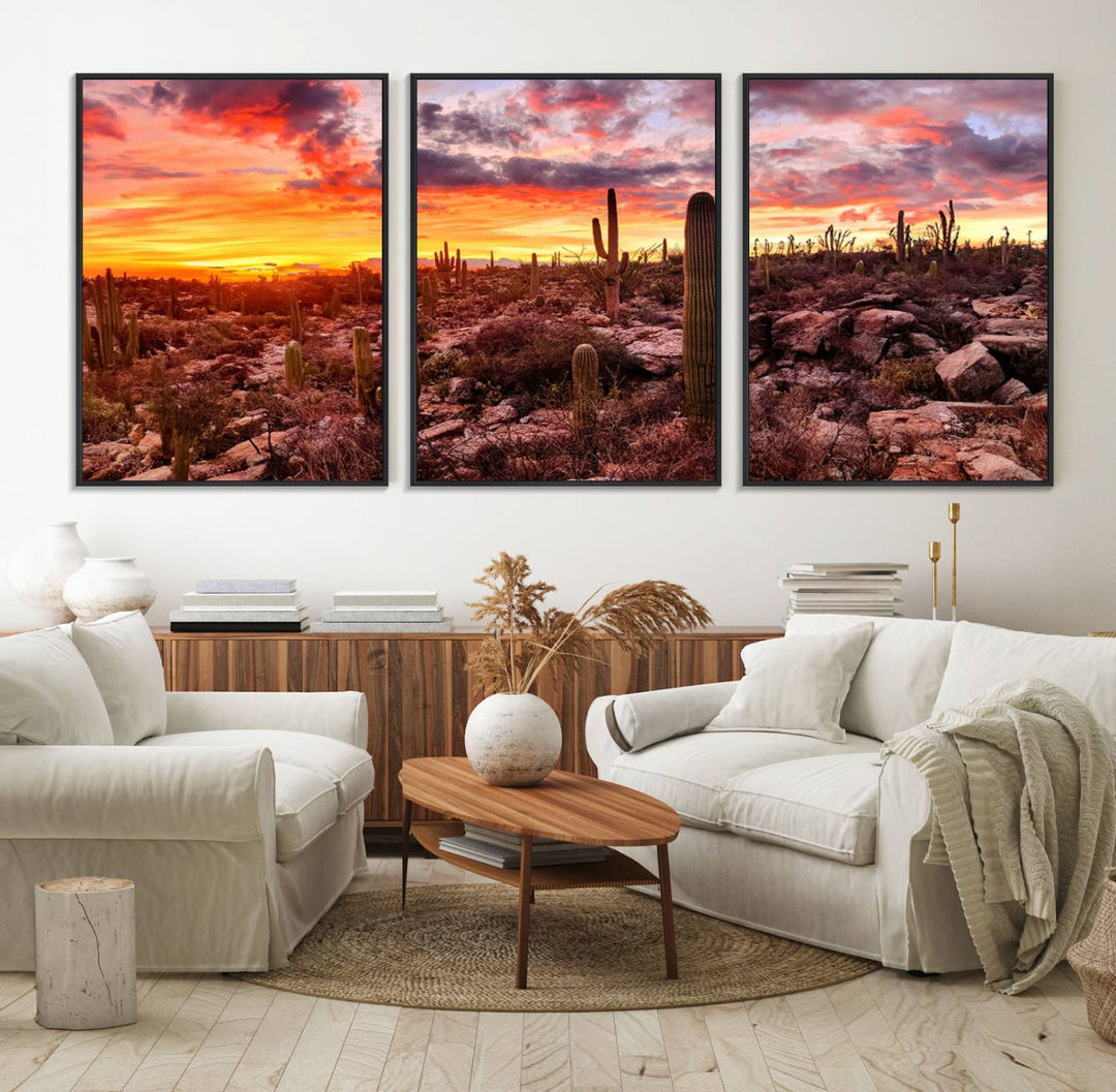 A vibrant desert sunset with cacti, perfect Western Cowboy Wall Art Print.