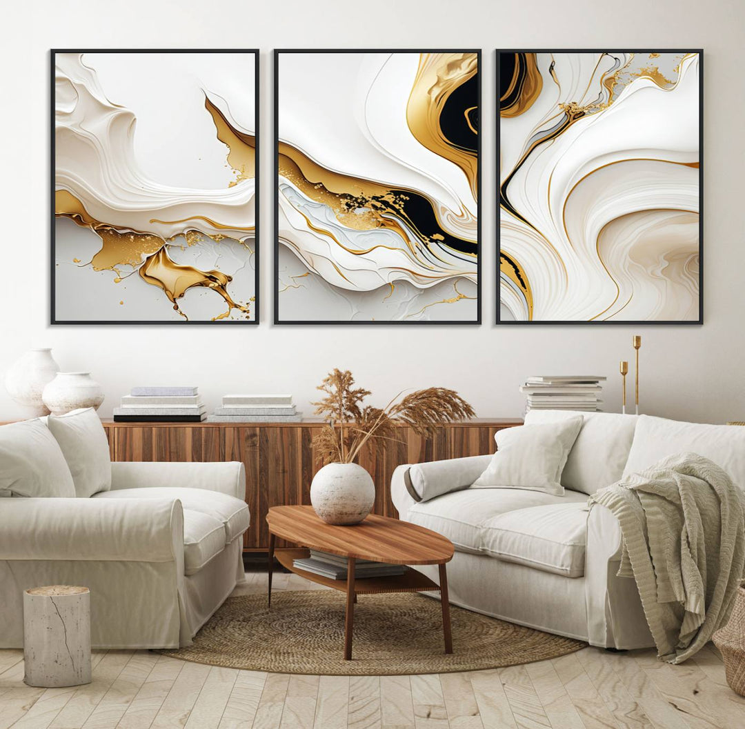 Modern interiors showcase Gold Waves on Pure White Canvas.