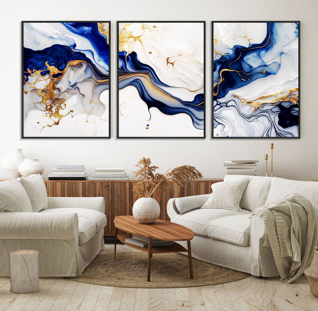 Golden Cascades on Midnight Blue wall art swirls above, featuring gold and white accents.