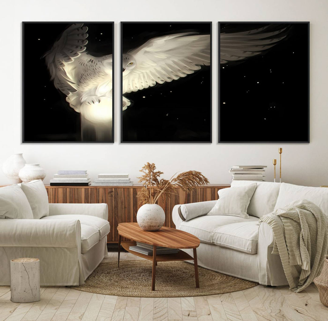 The Night Owl Art graces the wall with its depiction of a snowy owl on a glowing orb, perfect for modern decor.