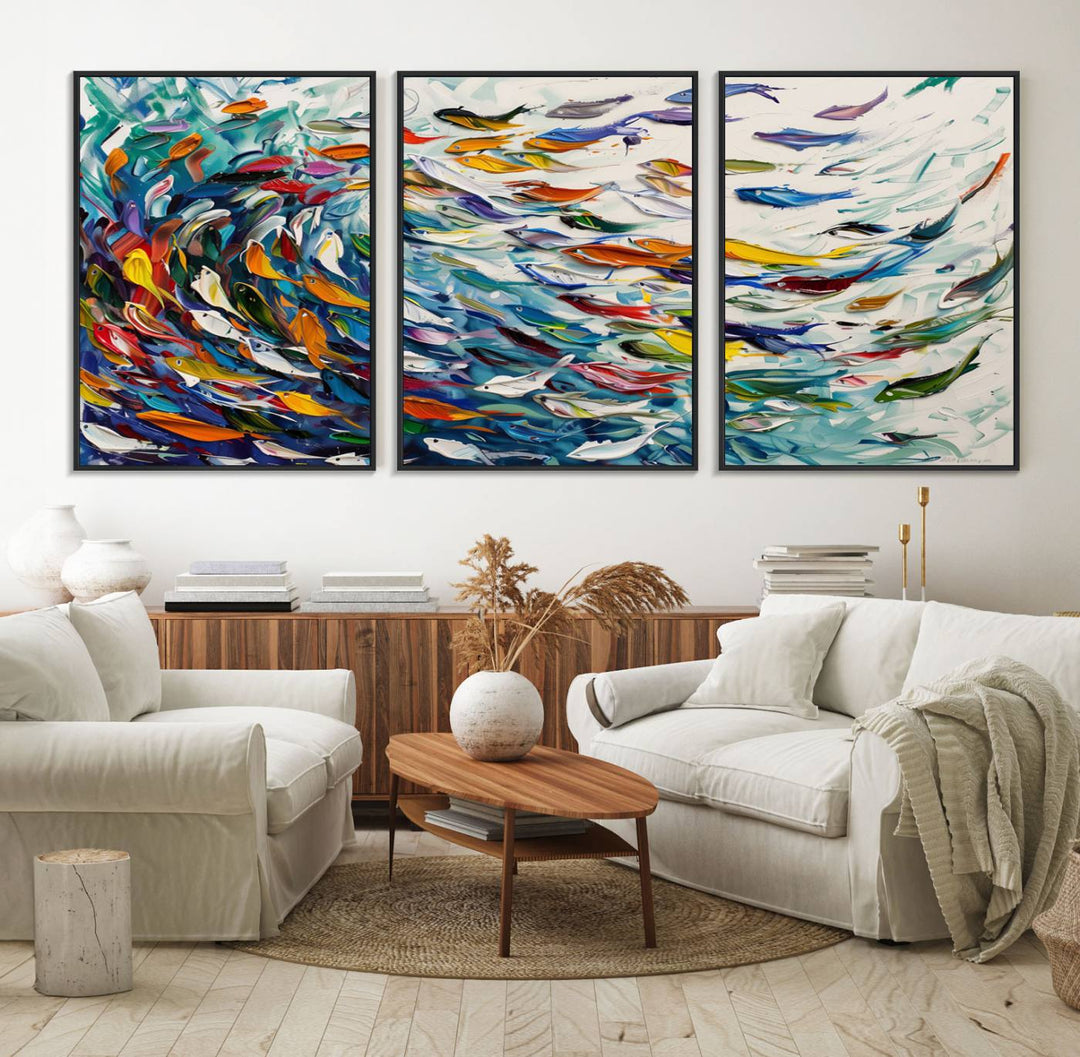 Modern Abstract Fish Shoal Wall Art Canvas Print.