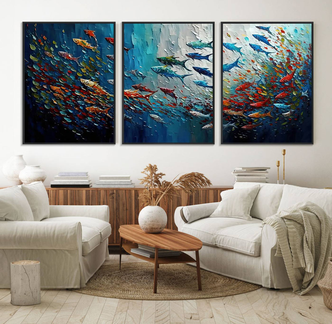 Modern Abstract Fish Shoal Wall Art features blue, red, and orange fish.