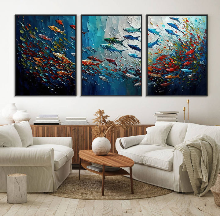 Modern Abstract Fish Shoal Wall Art features blue, red, and orange fish.