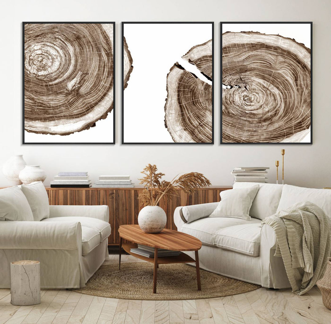 Wood Tree Ring Wall Art on a minimalist black and white canvas.