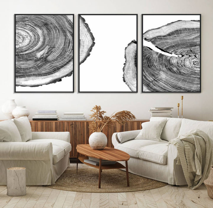 The minimalist art piece Abstract Large Tree Rings on canvas creates a striking focal point.