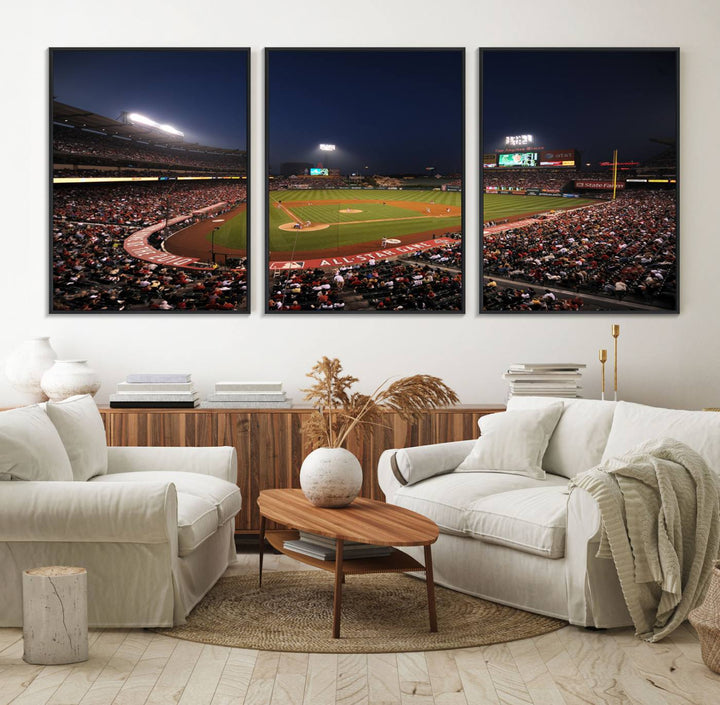 Aerial view of an LA Angels game at night, captured as stunning wall art on premium canvas, handmade in the USA.