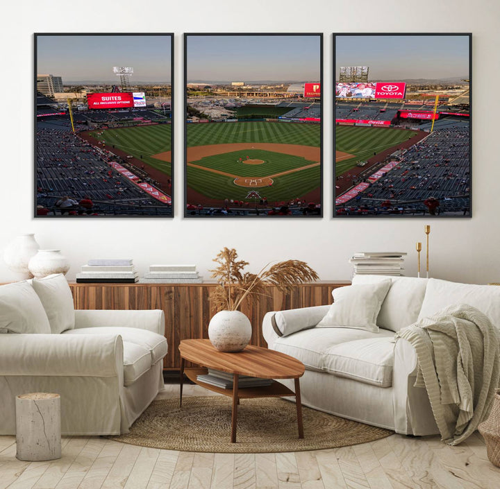 Aerial view of Angel Stadium, perfect as gallery-quality wall art - Los Angeles Angels Canvas Print.