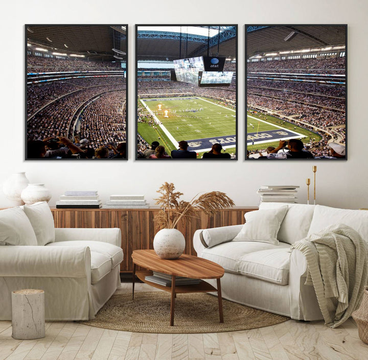 The wall art is a Dallas Cowboys AT&T Stadium Canvas Print, showcasing the iconic logo.