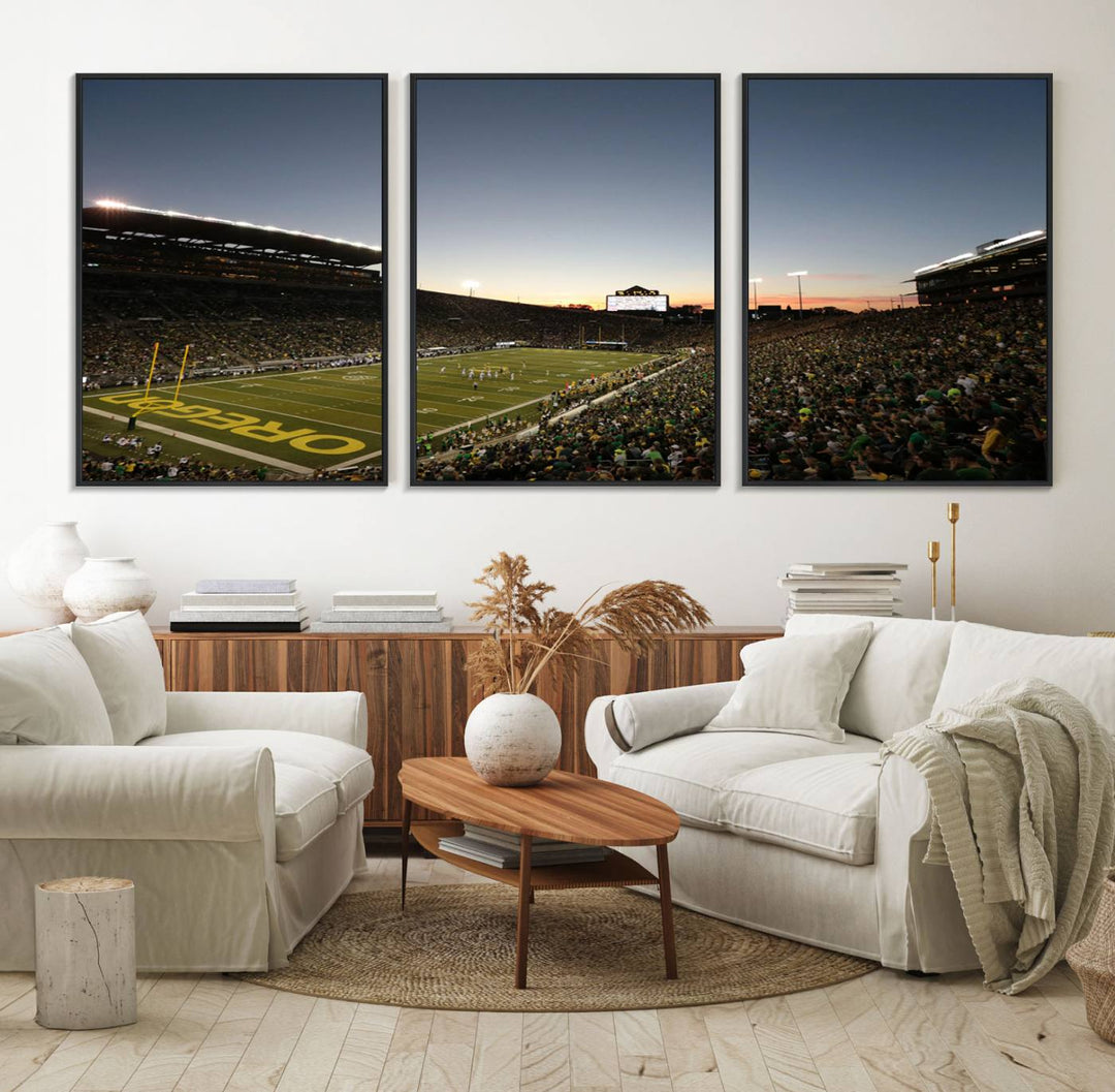 Canvas artwork depicting an Oregon Ducks football game at Autzen Stadium, capturing a sunset and packed stands.